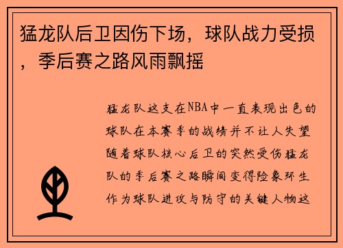 猛龙队后卫因伤下场，球队战力受损，季后赛之路风雨飘摇