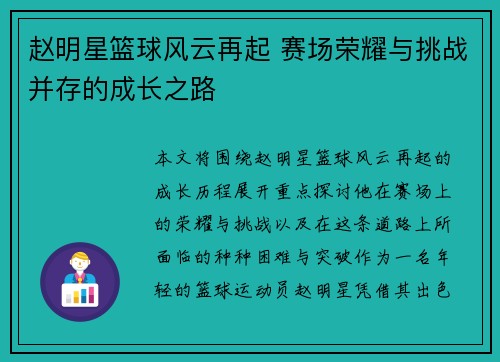 赵明星篮球风云再起 赛场荣耀与挑战并存的成长之路